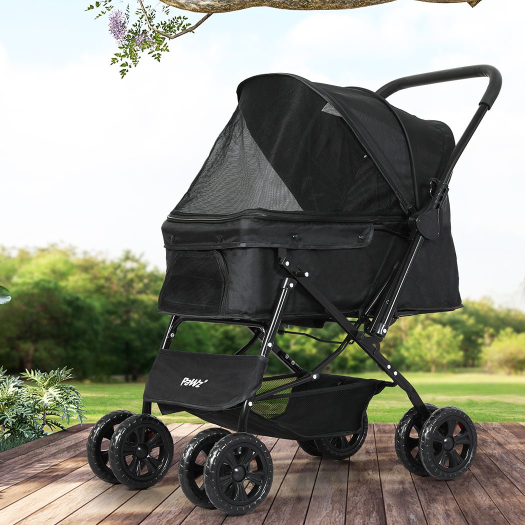 Foldable Pet Stroller Dog Cat Carrier with Storage Basket - Black - Rivercity House & Home Co. (ABN 18 642 972 209) - Affordable Modern Furniture Australia