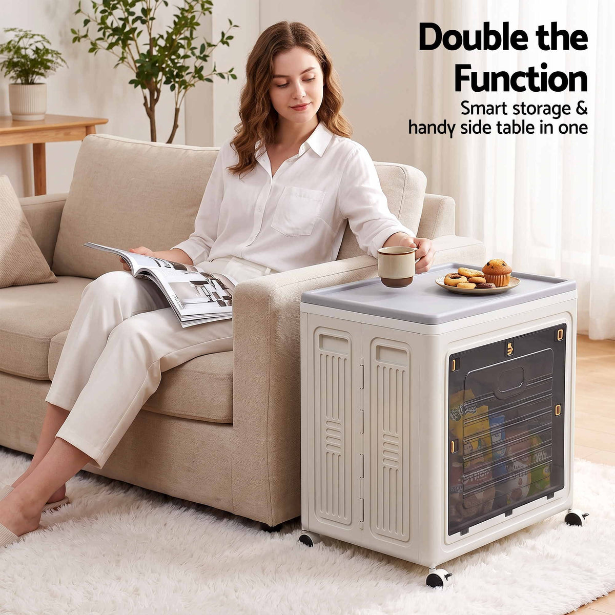 Foldable Stackable Storage Cabinet with 2 Doors and Rolling Organiser - White - Home & Garden > Storage > Storage Boxes - Rivercity House & Home Co. (ABN 18 642 972 209) - Affordable Modern Furniture Australia