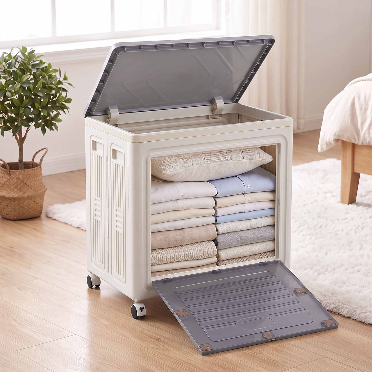 Foldable Stackable Storage Cabinet with 2 Doors and Rolling Organiser - White - Home & Garden > Storage > Storage Boxes - Rivercity House & Home Co. (ABN 18 642 972 209) - Affordable Modern Furniture Australia