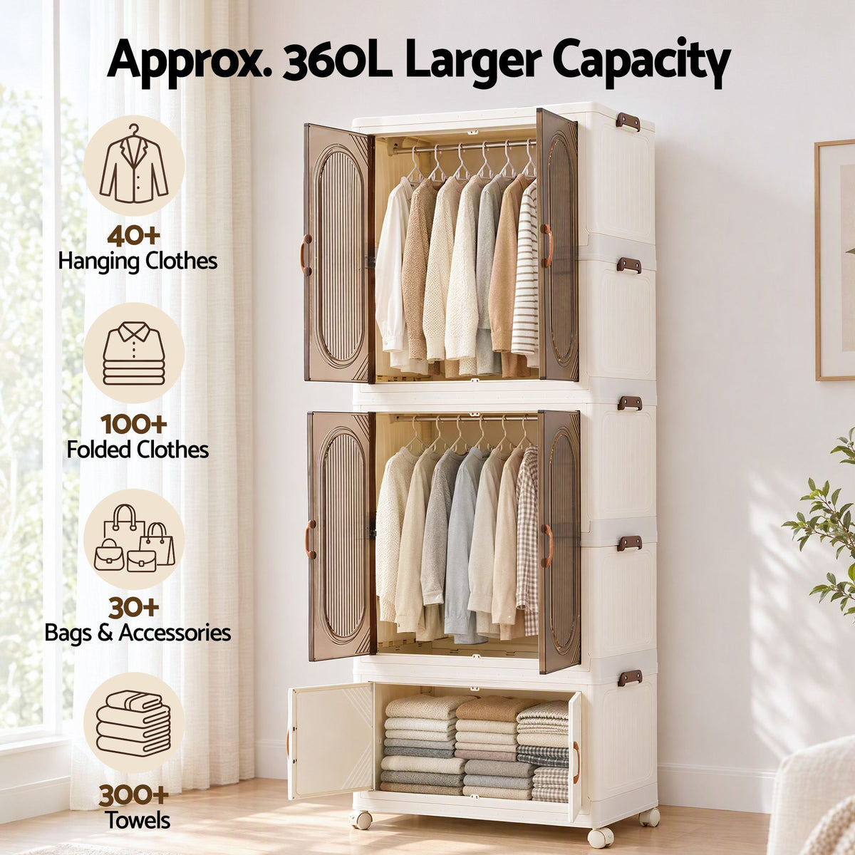 Foldable Stackable Storage Cabinet with Clear Magnetic Doors and Lockable Wheels - White - Home & Garden > Storage > Storage Boxes - Rivercity House & Home Co. (ABN 18 642 972 209) - Affordable Modern Furniture Australia