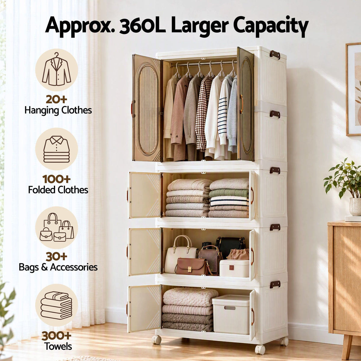 Foldable Stackable Storage Cabinet with Clear Magnetic Doors and Lockable Wheels - White - Home & Garden > Storage > Storage Boxes - Rivercity House & Home Co. (ABN 18 642 972 209) - Affordable Modern Furniture Australia
