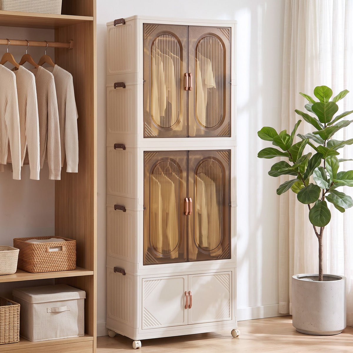 Foldable Stackable Storage Cabinet with Clear Magnetic Doors and Lockable Wheels - White - Home & Garden > Storage > Storage Boxes - Rivercity House & Home Co. (ABN 18 642 972 209) - Affordable Modern Furniture Australia