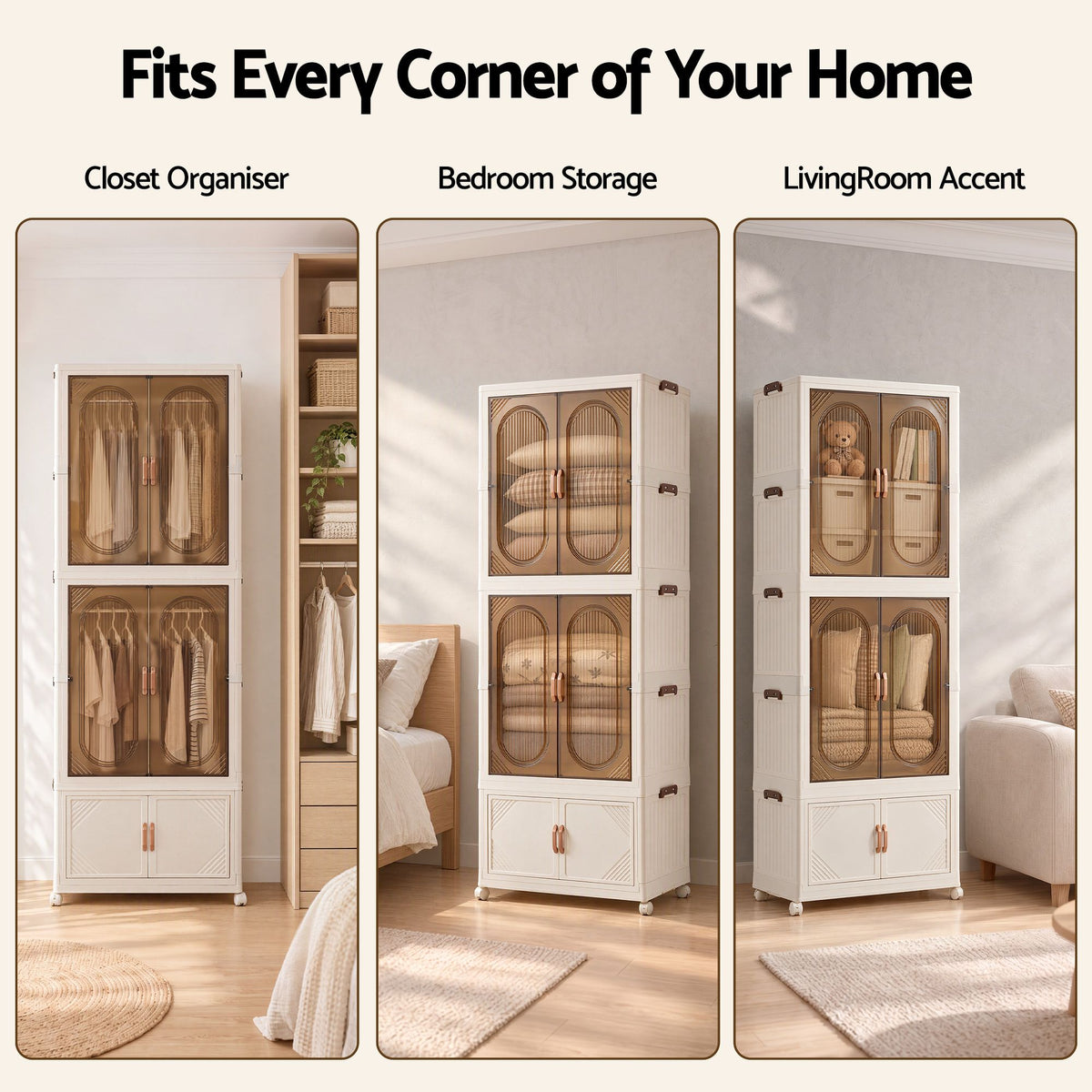 Foldable Stackable Storage Cabinet with Clear Magnetic Doors and Lockable Wheels - White - Home & Garden > Storage > Storage Boxes - Rivercity House & Home Co. (ABN 18 642 972 209) - Affordable Modern Furniture Australia