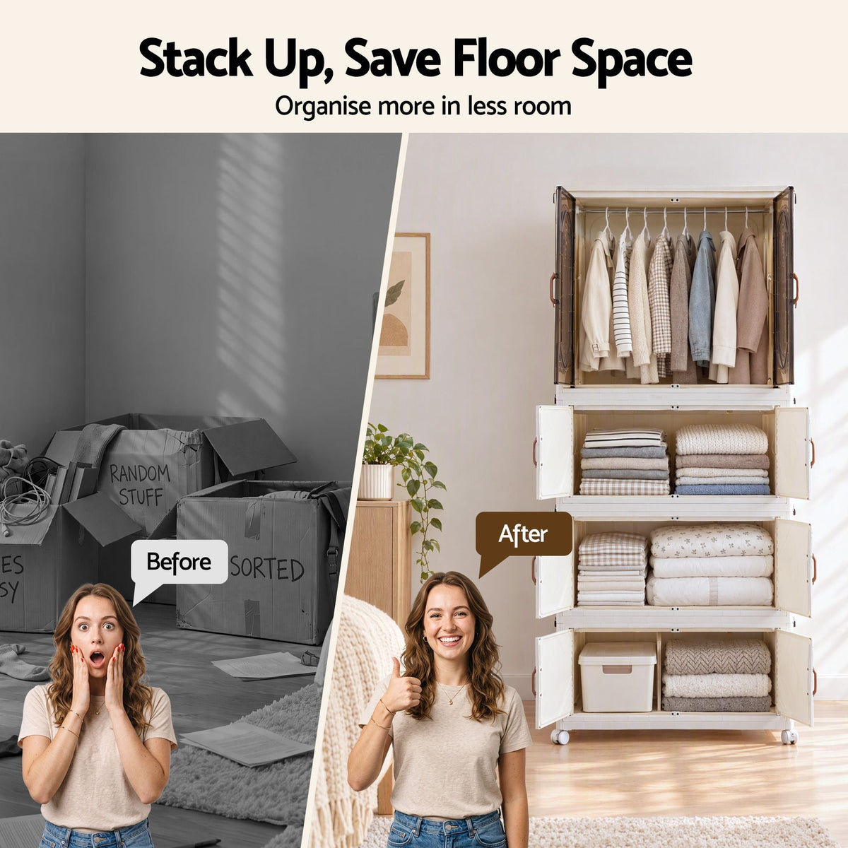 Foldable Stackable Storage Cabinet with Clear Magnetic Doors and Lockable Wheels - White - Home & Garden > Storage > Storage Boxes - Rivercity House & Home Co. (ABN 18 642 972 209) - Affordable Modern Furniture Australia