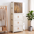 Foldable Stackable Storage Cabinet with Clear Magnetic Doors and Lockable Wheels - White