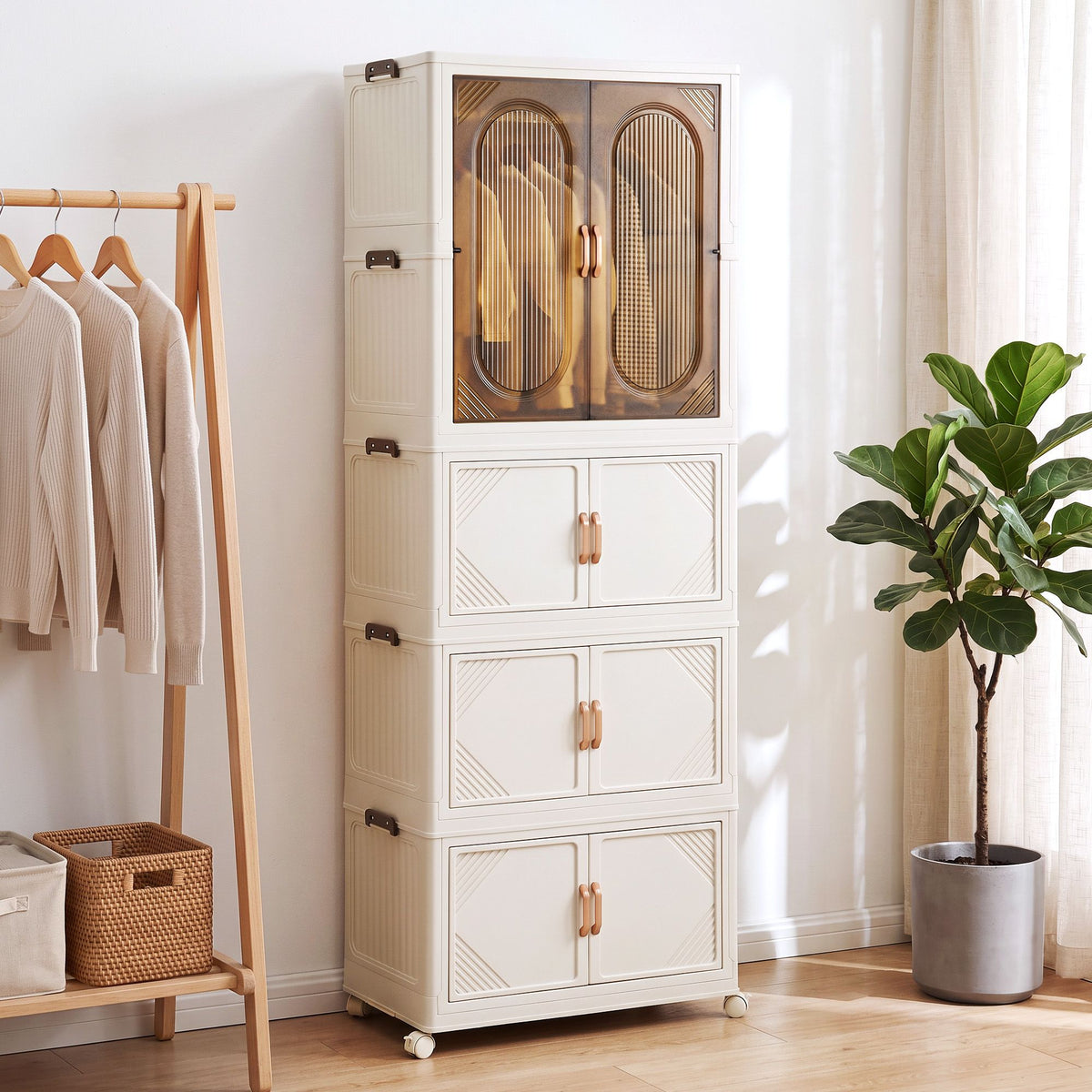 Foldable Stackable Storage Cabinet with Clear Magnetic Doors and Lockable Wheels - White - Home & Garden > Storage > Storage Boxes - Rivercity House & Home Co. (ABN 18 642 972 209) - Affordable Modern Furniture Australia