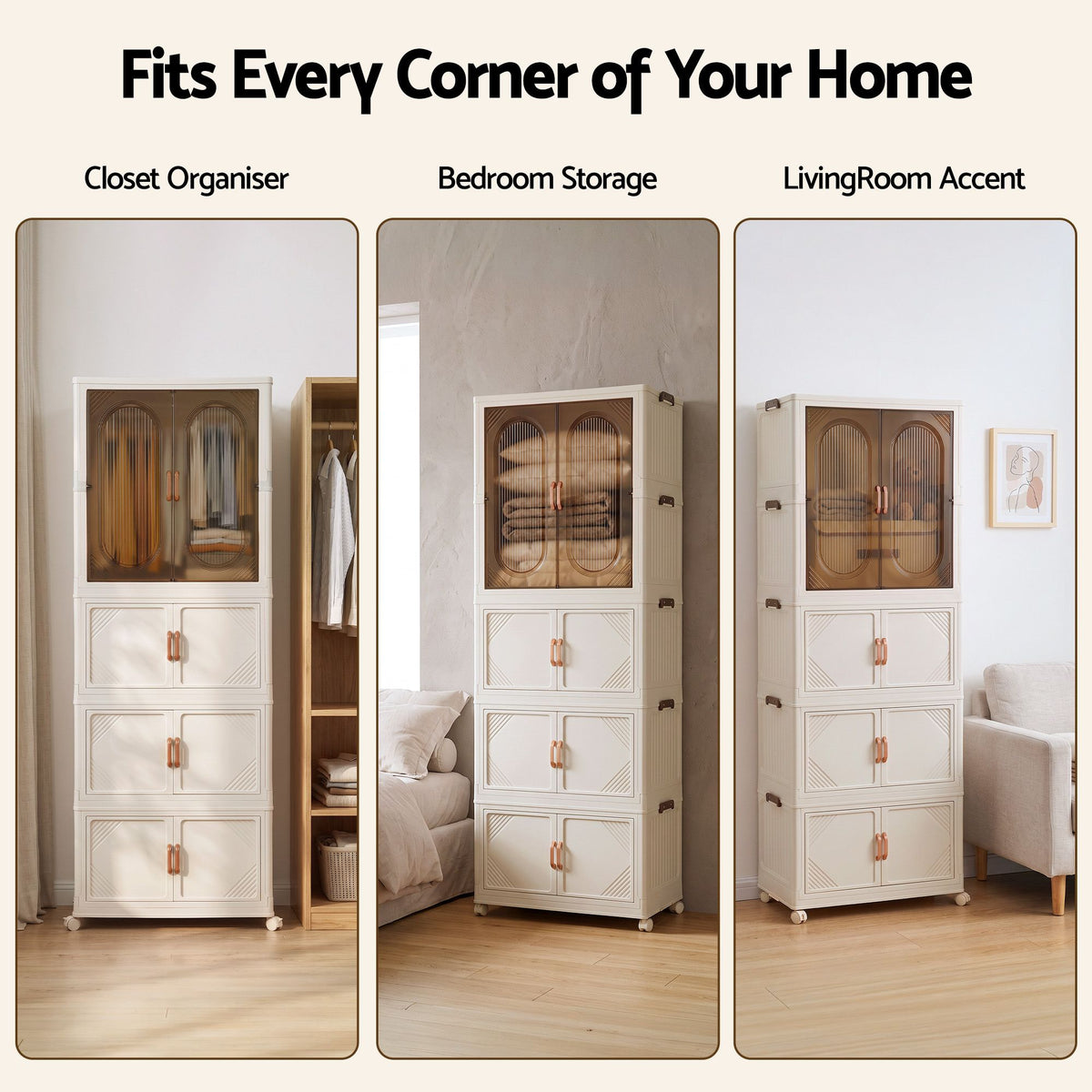 Foldable Stackable Storage Cabinet with Clear Magnetic Doors and Lockable Wheels - White - Home & Garden > Storage > Storage Boxes - Rivercity House & Home Co. (ABN 18 642 972 209) - Affordable Modern Furniture Australia