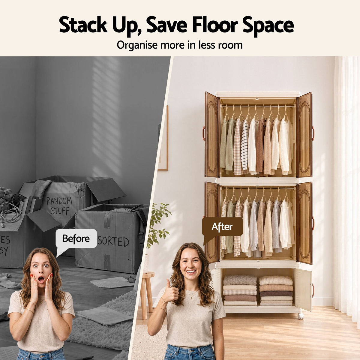 Foldable Stackable Storage Cabinet with Clear Magnetic Doors and Lockable Wheels - White - Home & Garden > Storage > Storage Boxes - Rivercity House & Home Co. (ABN 18 642 972 209) - Affordable Modern Furniture Australia