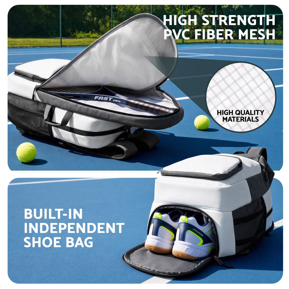 Foldable Tennis Racket Backpack with Shoe Compartment and Racket Pocket - Grey and White - Sports & Fitness > Racquet Sports > Tennis - Rivercity House & Home Co. (ABN 18 642 972 209) - Affordable Modern Furniture Australia