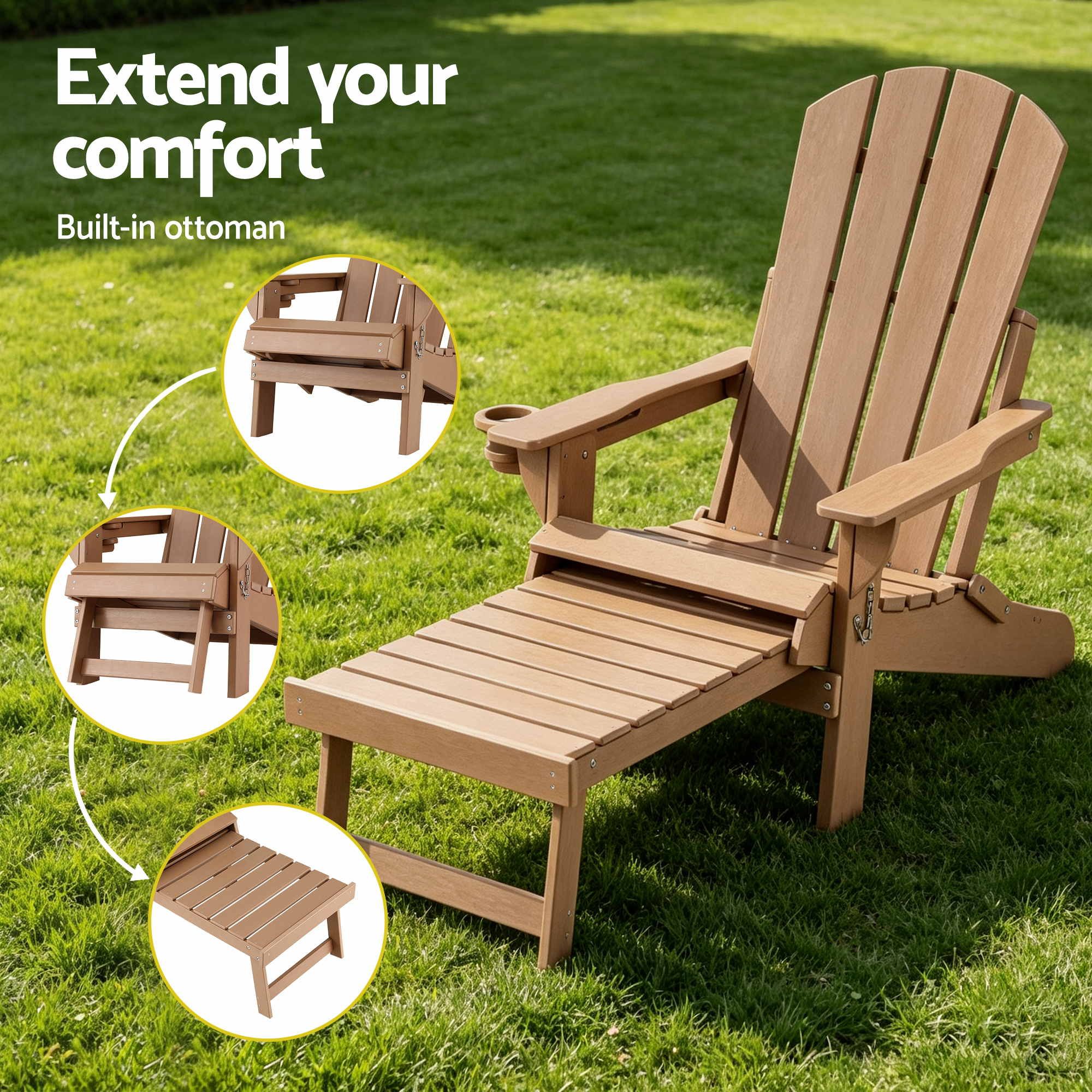 Folding Adirondack Sun Lounger with Recliner and Footrest HDPE - Khaki - Furniture > Outdoor > Outdoor Chairs - Rivercity House & Home Co. (ABN 18 642 972 209) - Affordable Modern Furniture Australia