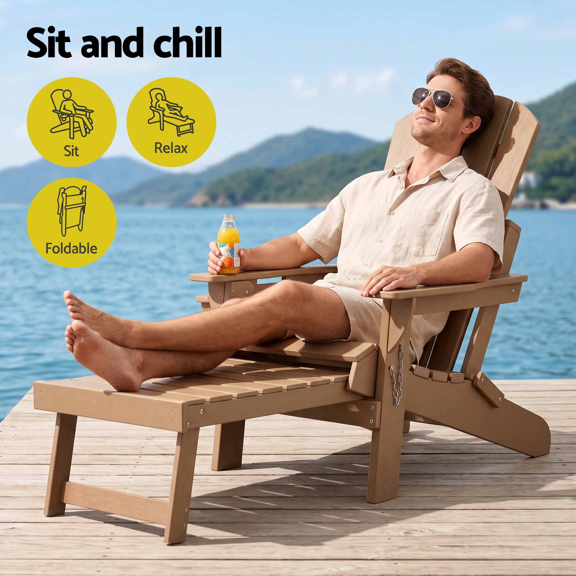 Folding Adirondack Sun Lounger with Recliner and Footrest HDPE - Khaki - Furniture > Outdoor > Outdoor Chairs - Rivercity House & Home Co. (ABN 18 642 972 209) - Affordable Modern Furniture Australia