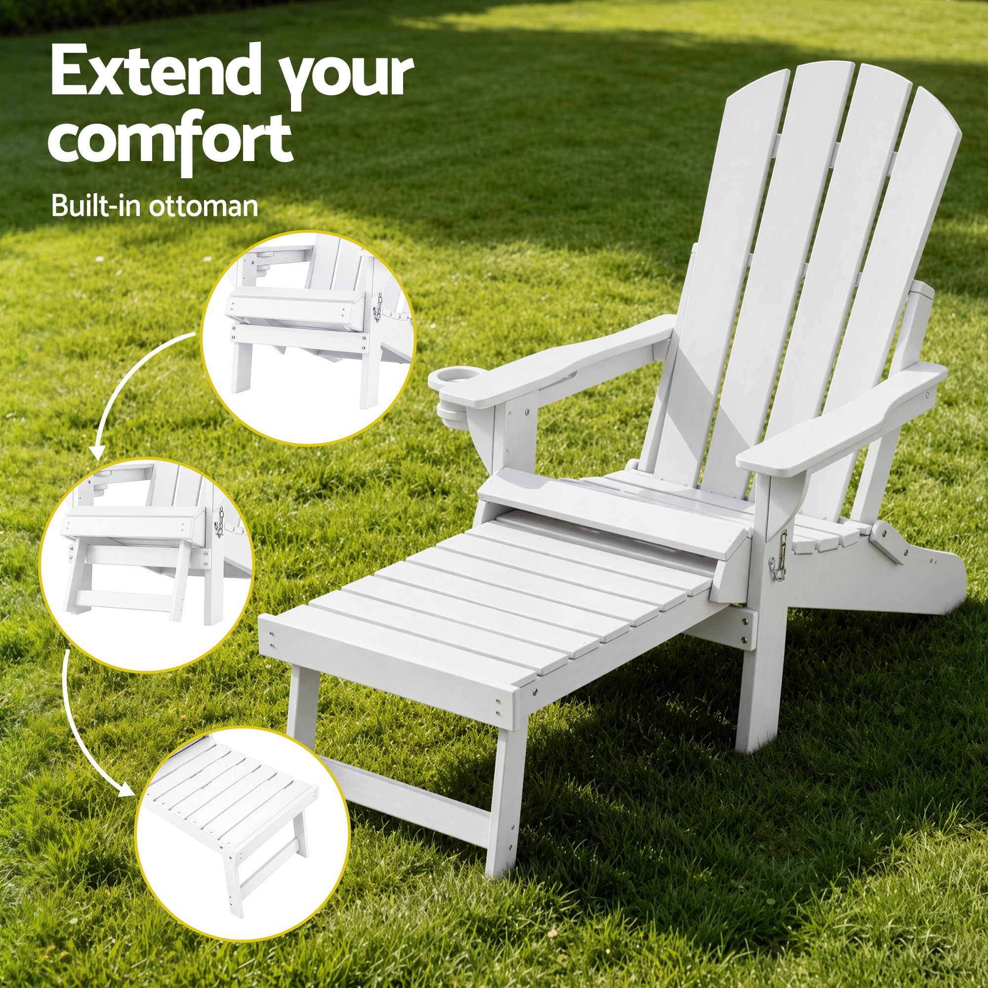 Folding Adirondack Sun Lounger with Recliner and Footrest HDPE - White - Furniture > Outdoor > Outdoor Chairs - Rivercity House & Home Co. (ABN 18 642 972 209) - Affordable Modern Furniture Australia