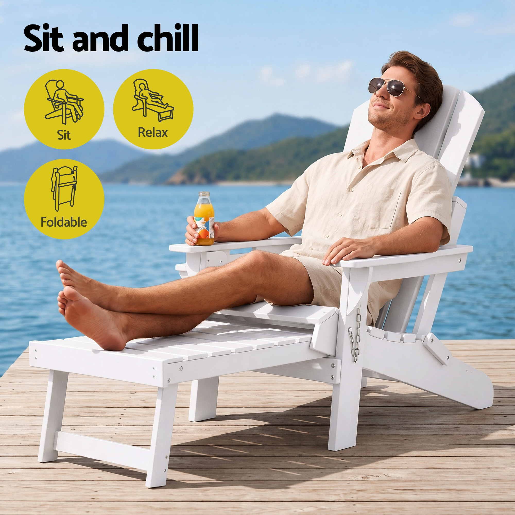 Folding Adirondack Sun Lounger with Recliner and Footrest HDPE - White - Furniture > Outdoor > Outdoor Chairs - Rivercity House & Home Co. (ABN 18 642 972 209) - Affordable Modern Furniture Australia
