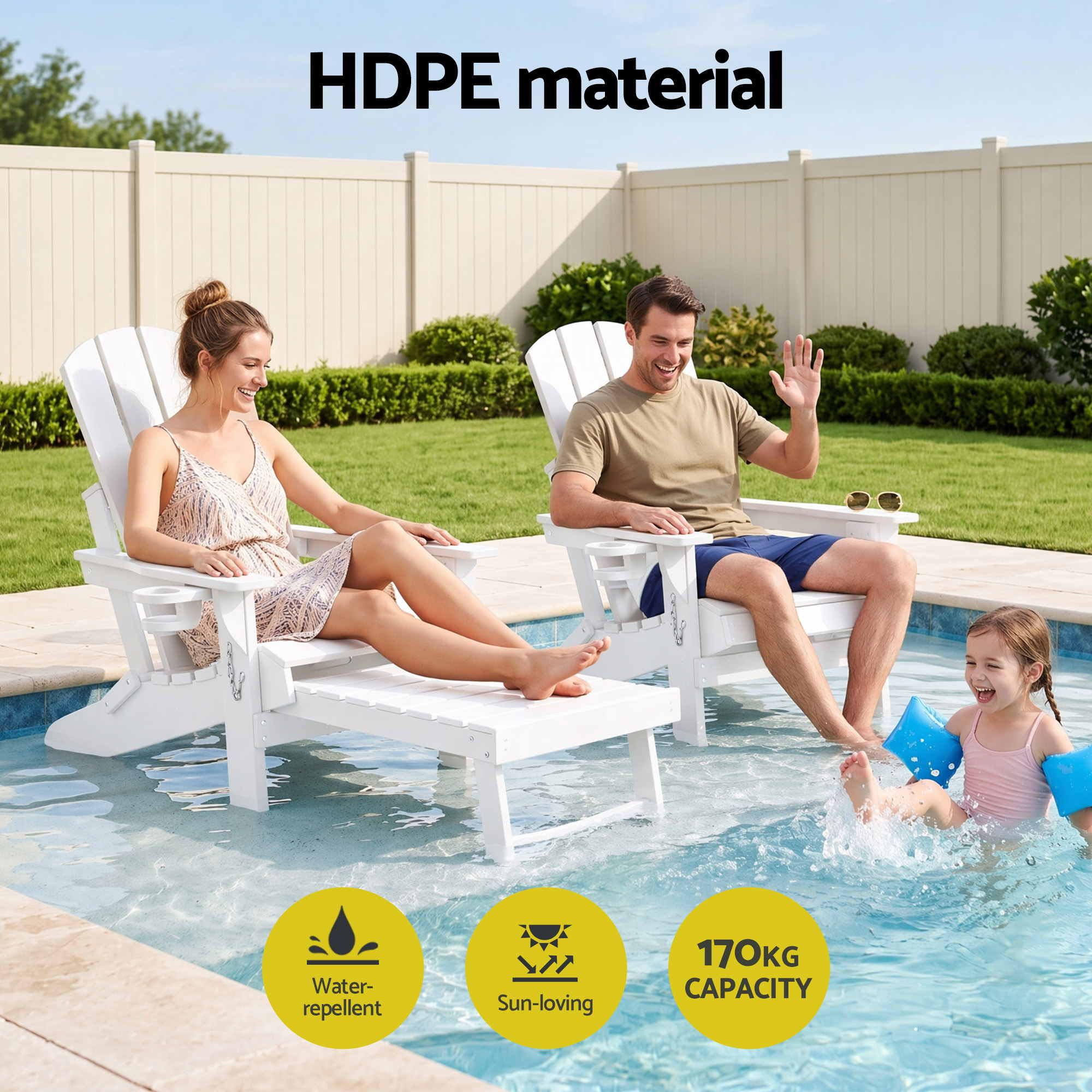 Folding Adirondack Sun Lounger with Recliner and Footrest HDPE - White - Furniture > Outdoor > Outdoor Chairs - Rivercity House & Home Co. (ABN 18 642 972 209) - Affordable Modern Furniture Australia