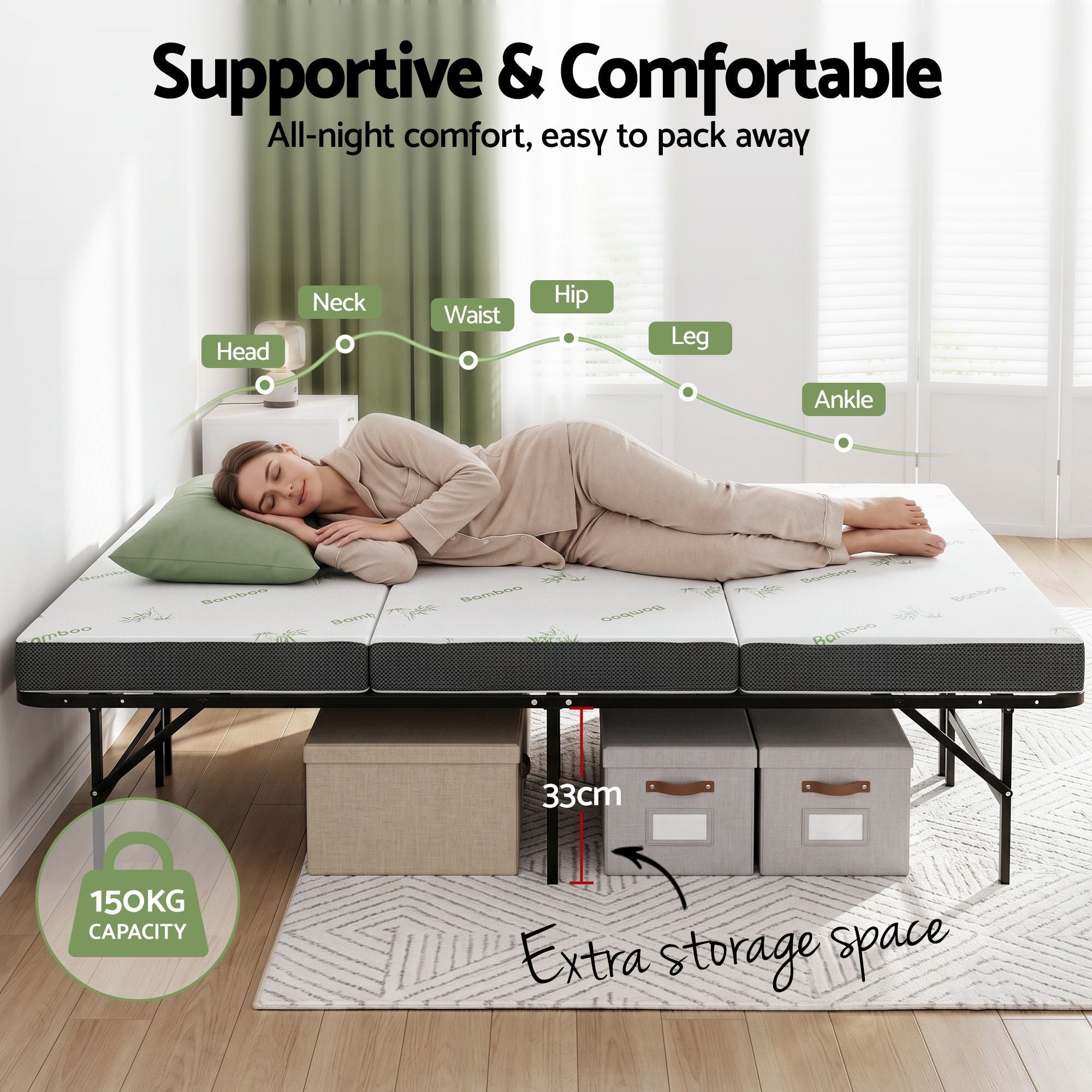 Folding Bed with Mattress Double Portable Foldable Guest Bed Bamboo Cover - Furniture > Mattresses > Mattress Toppers - Rivercity House & Home Co. (ABN 18 642 972 209) - Affordable Modern Furniture Australia