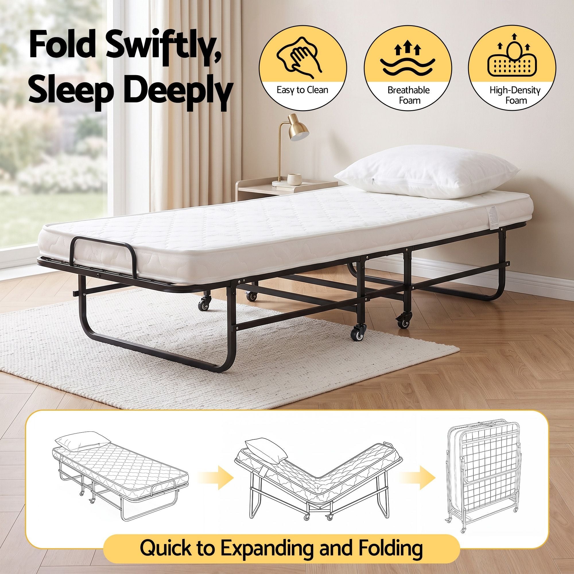 Folding Bed with Mattress, Portable Rollaway 150kg Capacity 190CM - Furniture > Bedroom > Beds & Bed Frames - Rivercity House & Home Co. (ABN 18 642 972 209) - Affordable Modern Furniture Australia