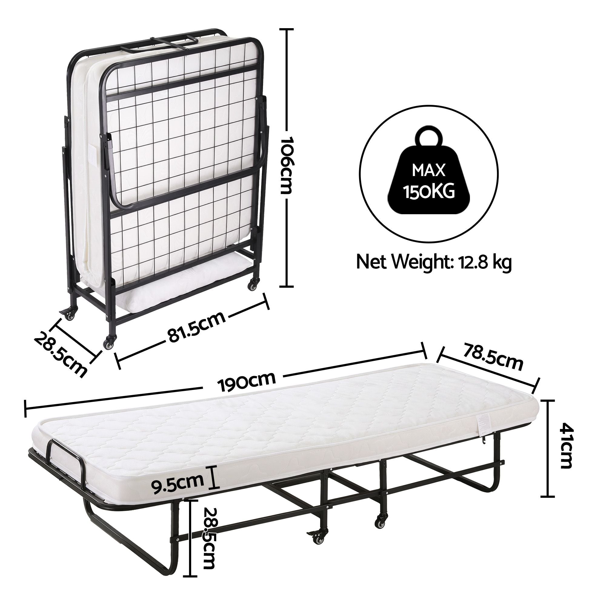 Folding Bed with Mattress, Portable Rollaway 150kg Capacity 190CM - Furniture > Bedroom > Beds & Bed Frames - Rivercity House & Home Co. (ABN 18 642 972 209) - Affordable Modern Furniture Australia