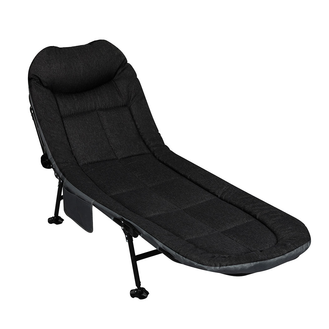 Folding Camping Cot with Adjustable Backrest and Side Pockets - Black - Rivercity House & Home Co. (ABN 18 642 972 209) - Affordable Modern Furniture Australia