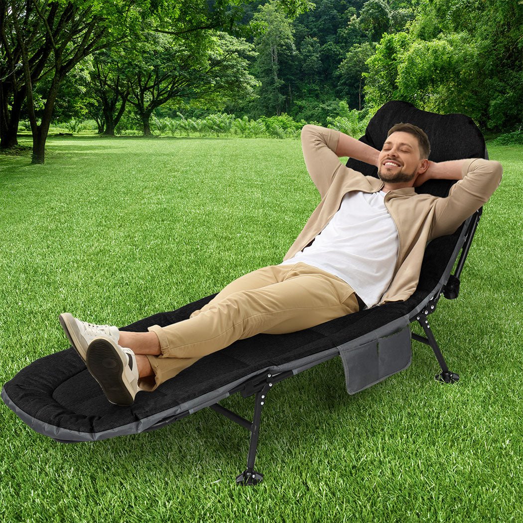 Folding Camping Cot with Adjustable Backrest and Side Pockets - Black - Rivercity House & Home Co. (ABN 18 642 972 209) - Affordable Modern Furniture Australia
