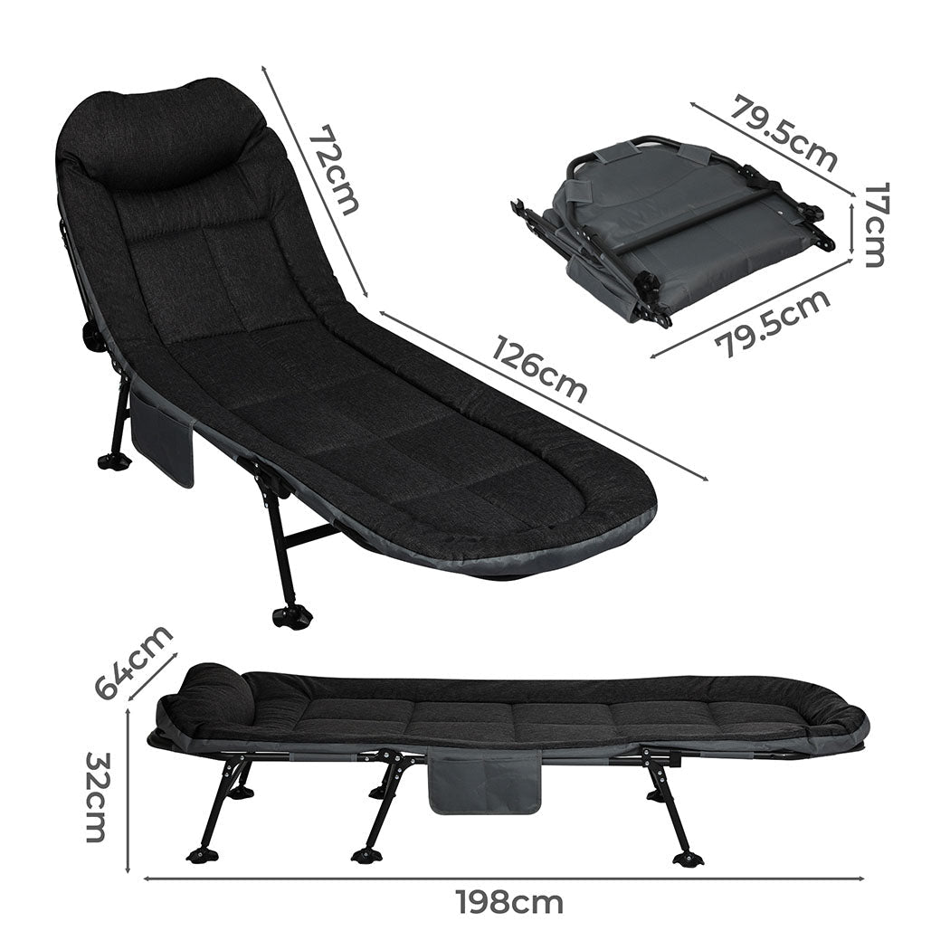 Folding Camping Cot with Adjustable Backrest and Side Pockets - Black - Rivercity House & Home Co. (ABN 18 642 972 209) - Affordable Modern Furniture Australia