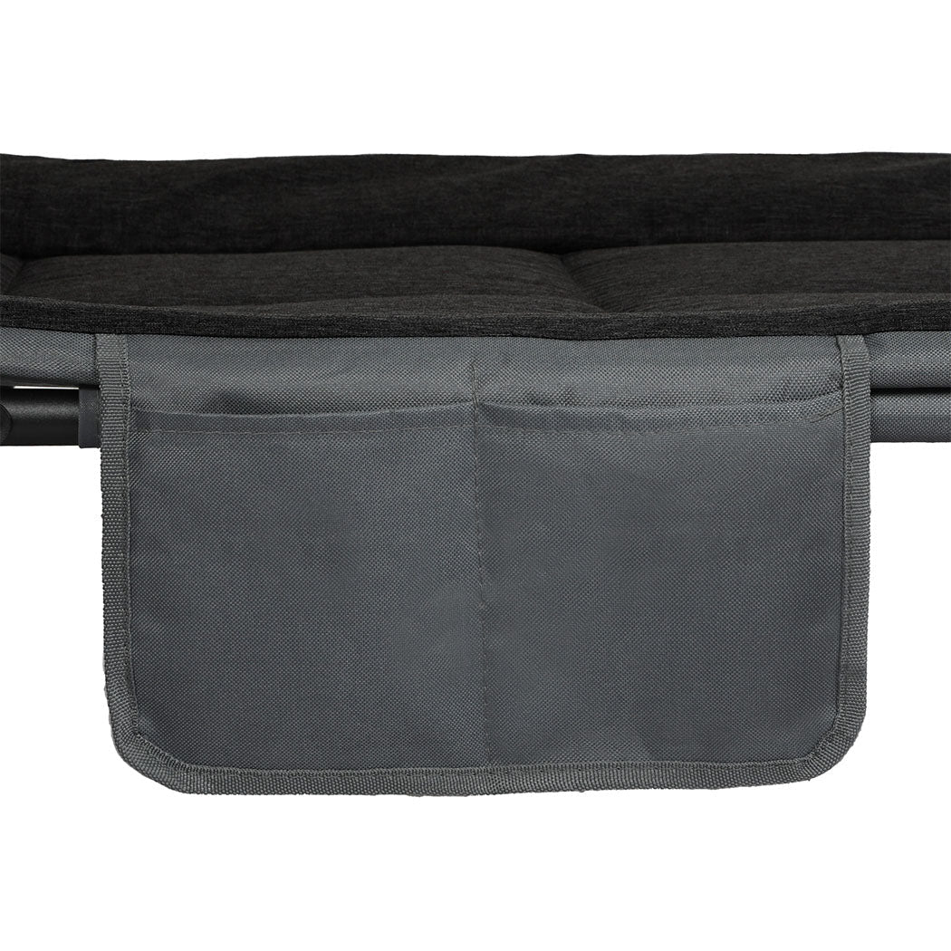 Folding Camping Cot with Adjustable Backrest and Side Pockets - Black - Rivercity House & Home Co. (ABN 18 642 972 209) - Affordable Modern Furniture Australia