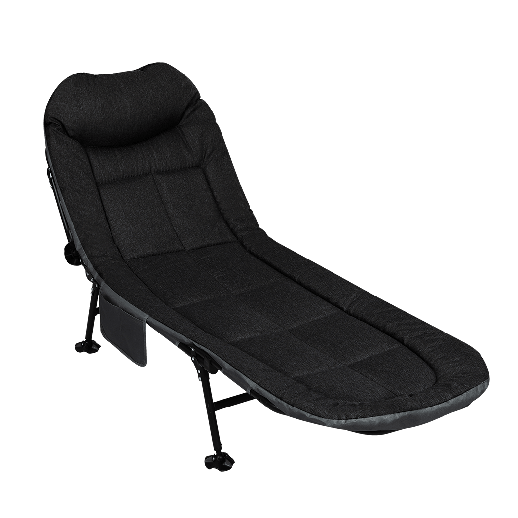 Folding Camping Cot with Adjustable Backrest and Side Pockets - Black - Rivercity House & Home Co. (ABN 18 642 972 209) - Affordable Modern Furniture Australia