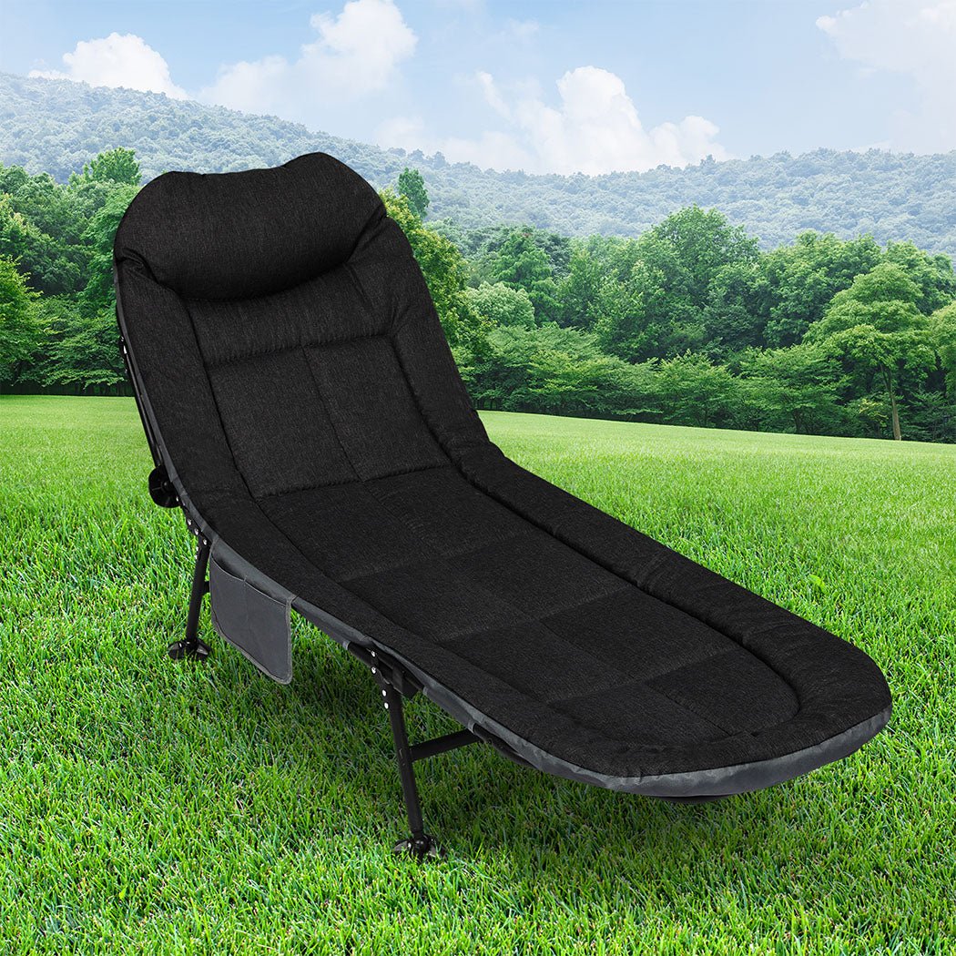 Folding Camping Cot with Adjustable Backrest and Side Pockets - Black - Rivercity House & Home Co. (ABN 18 642 972 209) - Affordable Modern Furniture Australia