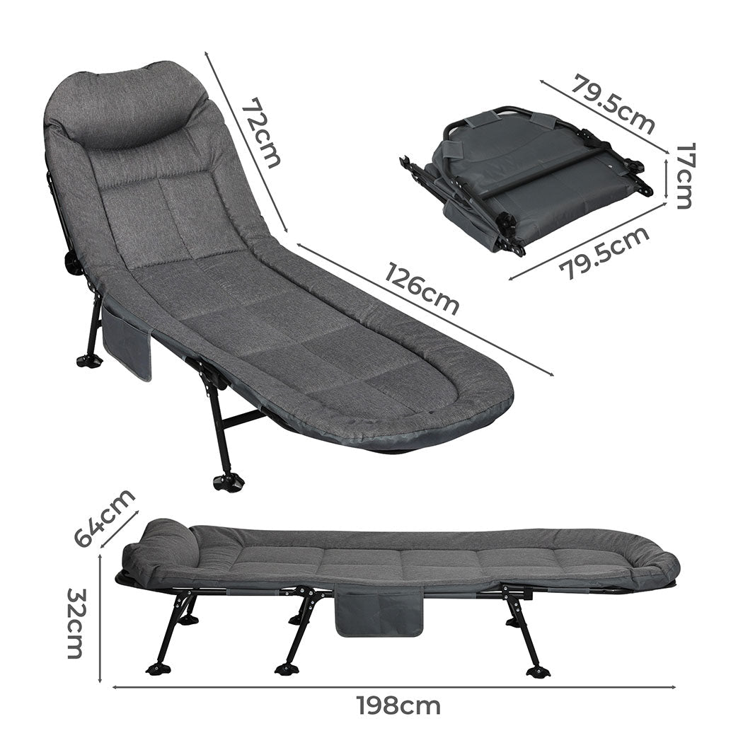 Folding Camping Cot with Adjustable Backrest and Side Pockets - Dark Grey - Rivercity House & Home Co. (ABN 18 642 972 209) - Affordable Modern Furniture Australia