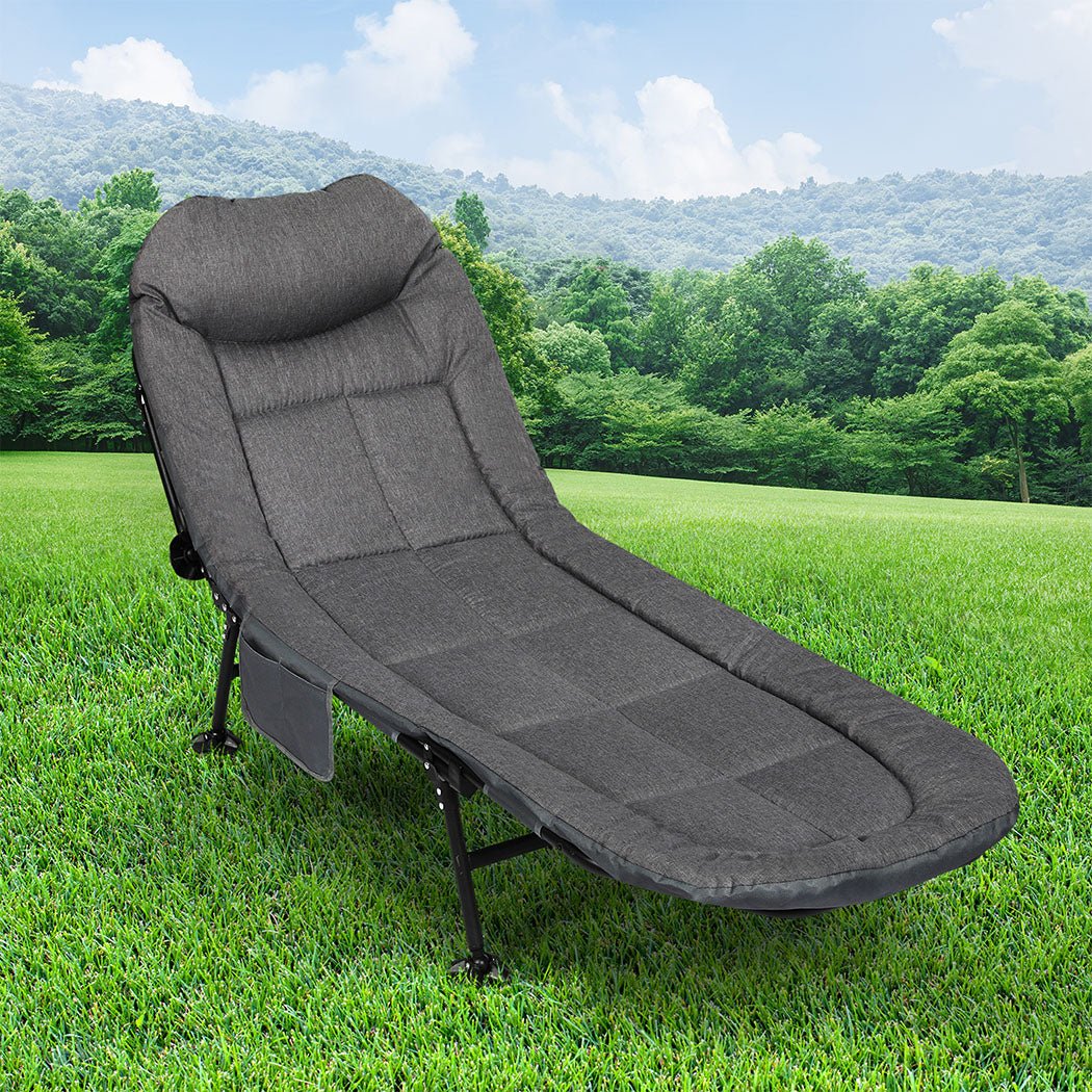 Folding Camping Cot with Adjustable Backrest and Side Pockets - Dark Grey - Rivercity House & Home Co. (ABN 18 642 972 209) - Affordable Modern Furniture Australia