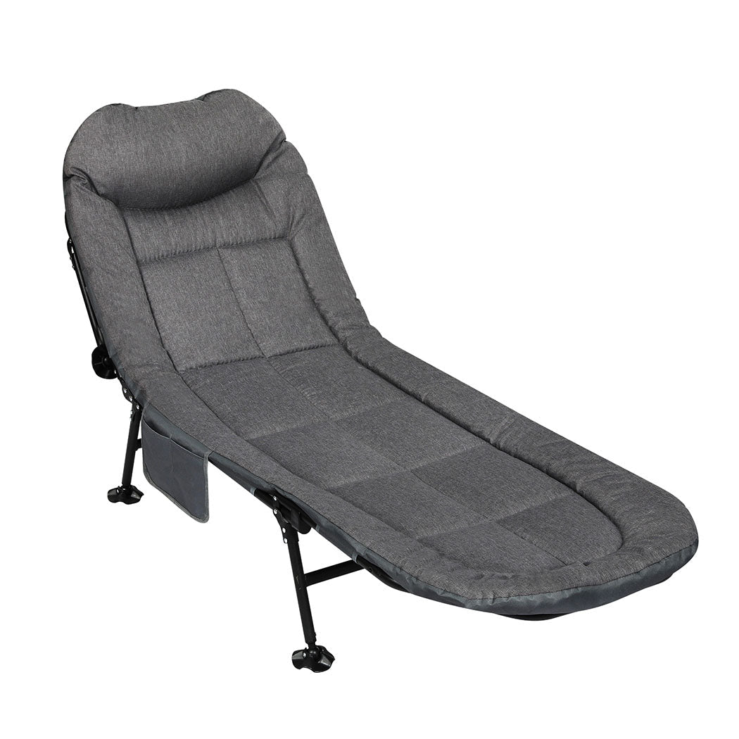 Folding Camping Cot with Adjustable Backrest and Side Pockets - Dark Grey - Rivercity House & Home Co. (ABN 18 642 972 209) - Affordable Modern Furniture Australia