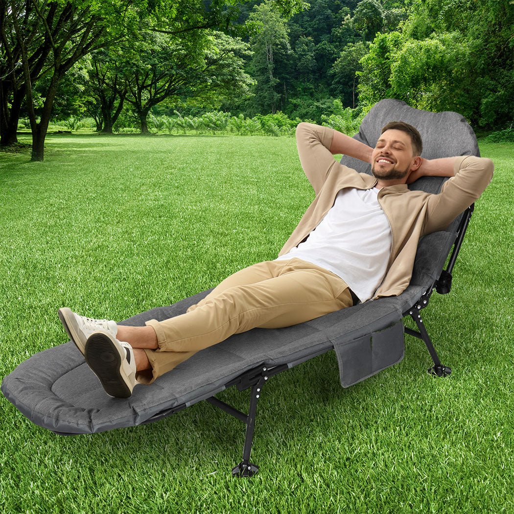 Folding Camping Cot with Adjustable Backrest and Side Pockets - Dark Grey - Rivercity House & Home Co. (ABN 18 642 972 209) - Affordable Modern Furniture Australia
