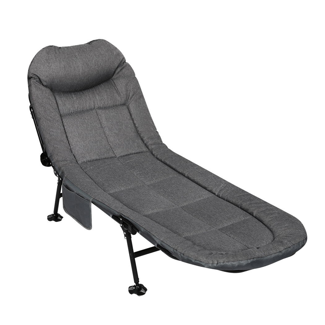 Folding Camping Cot with Adjustable Backrest and Side Pockets - Dark Grey - Rivercity House & Home Co. (ABN 18 642 972 209) - Affordable Modern Furniture Australia
