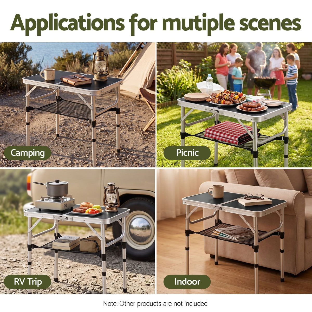 Folding Camping Table 60 x 40 cm Adjustable Aluminium with Carry Handle and Mesh Shelf - Black - Outdoor Recreation > Camping > Camp Furniture - Rivercity House & Home Co. (ABN 18 642 972 209) - Affordable Modern Furniture Australia