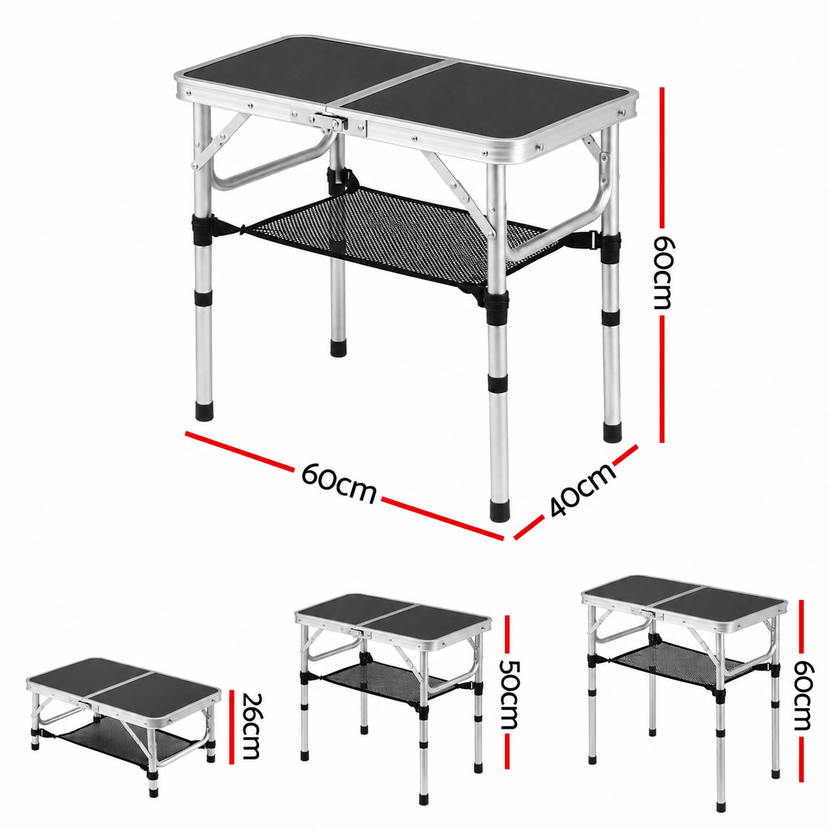Folding Camping Table 60 x 40 cm Adjustable Aluminium with Carry Handle and Mesh Shelf - Black - Outdoor Recreation > Camping > Camp Furniture - Rivercity House & Home Co. (ABN 18 642 972 209) - Affordable Modern Furniture Australia