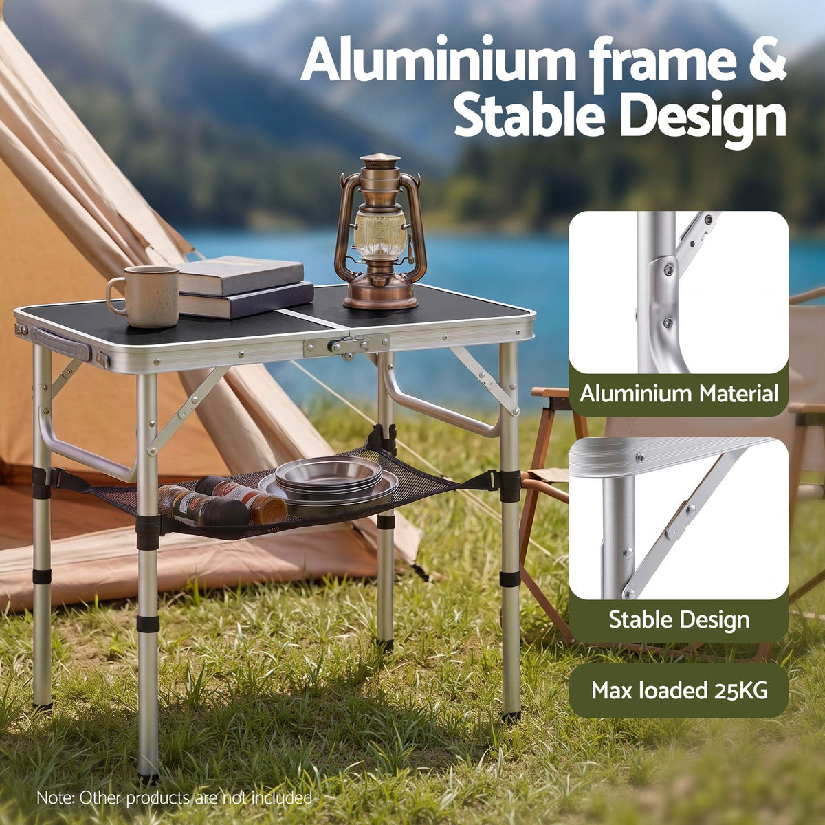 Folding Camping Table 60 x 40 cm Adjustable Aluminium with Carry Handle and Mesh Shelf - Black - Outdoor Recreation > Camping > Camp Furniture - Rivercity House & Home Co. (ABN 18 642 972 209) - Affordable Modern Furniture Australia