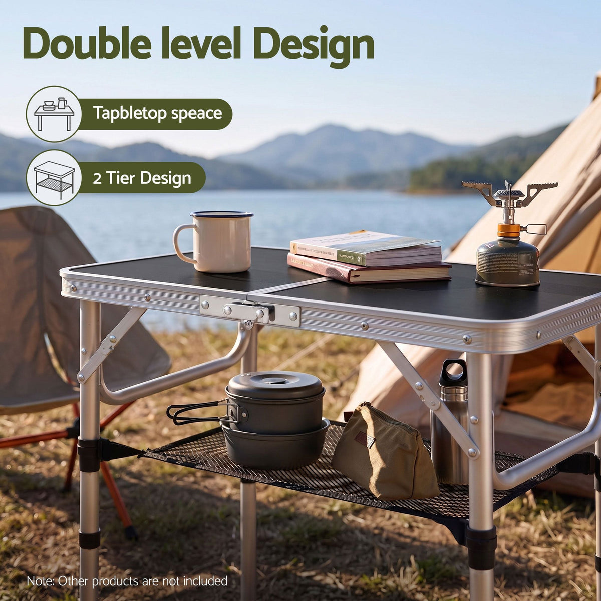 Folding Camping Table 60 x 40 cm Adjustable Aluminium with Carry Handle and Mesh Shelf - Black - Outdoor Recreation > Camping > Camp Furniture - Rivercity House & Home Co. (ABN 18 642 972 209) - Affordable Modern Furniture Australia