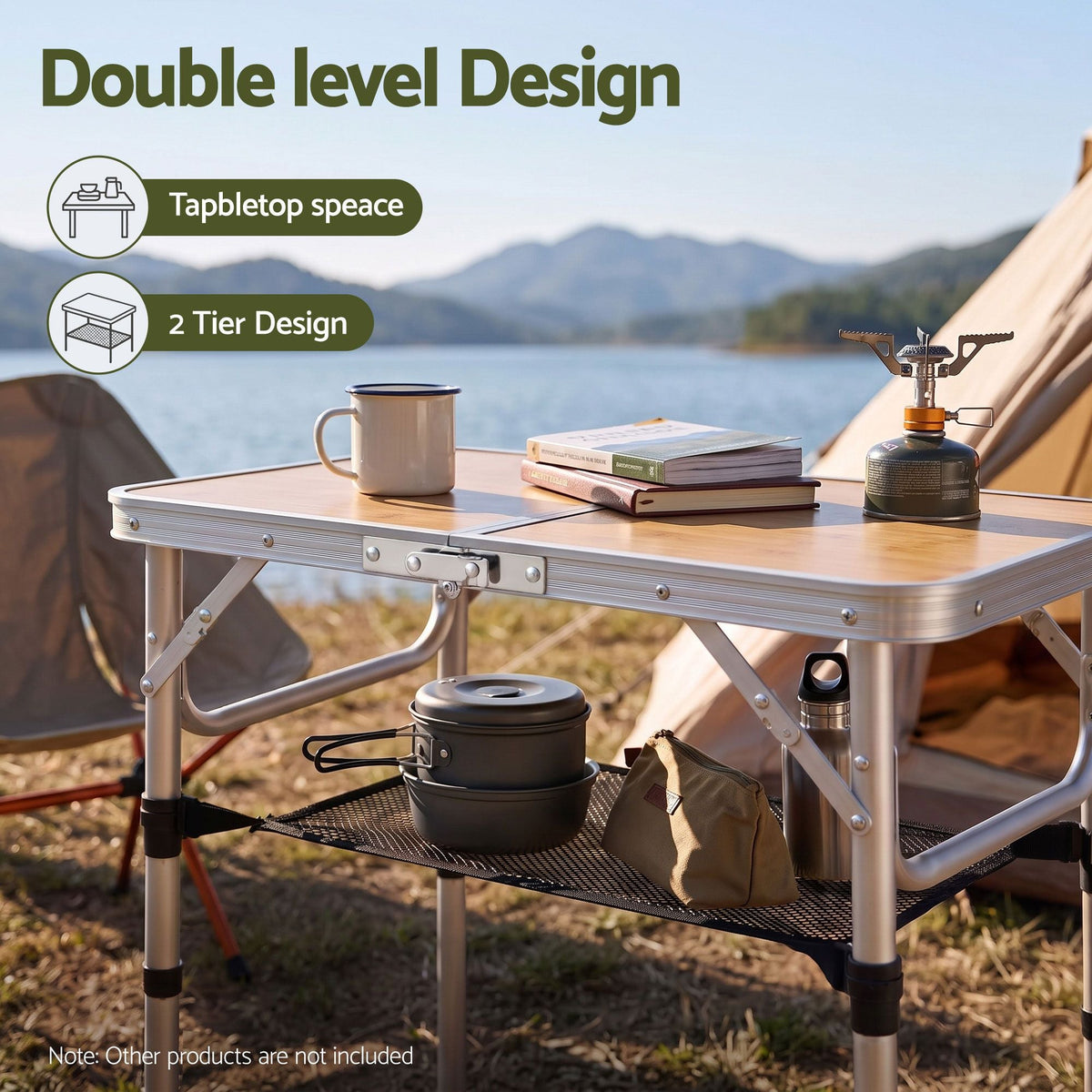 Folding Camping Table 60 x 40 cm Adjustable Height with Wood Grain Top - Outdoor Recreation > Camping > Camp Furniture - Rivercity House & Home Co. (ABN 18 642 972 209) - Affordable Modern Furniture Australia