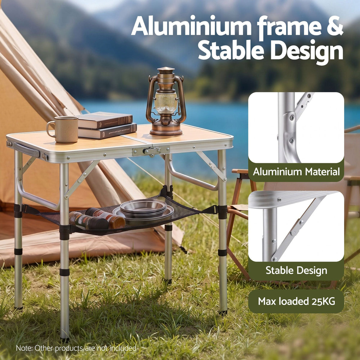 Folding Camping Table 60 x 40 cm Adjustable Height with Wood Grain Top - Outdoor Recreation > Camping > Camp Furniture - Rivercity House & Home Co. (ABN 18 642 972 209) - Affordable Modern Furniture Australia