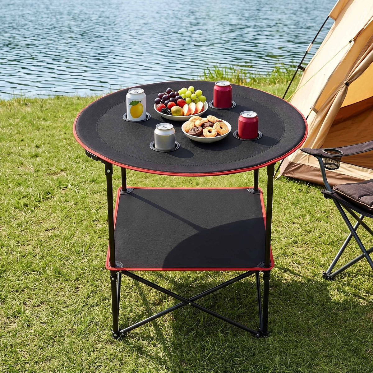 Folding Camping Table with 4 Cup Holders Metal Oxford 73CM - Black - Outdoor Recreation > Camping > Camp Furniture - Rivercity House & Home Co. (ABN 18 642 972 209) - Affordable Modern Furniture Australia