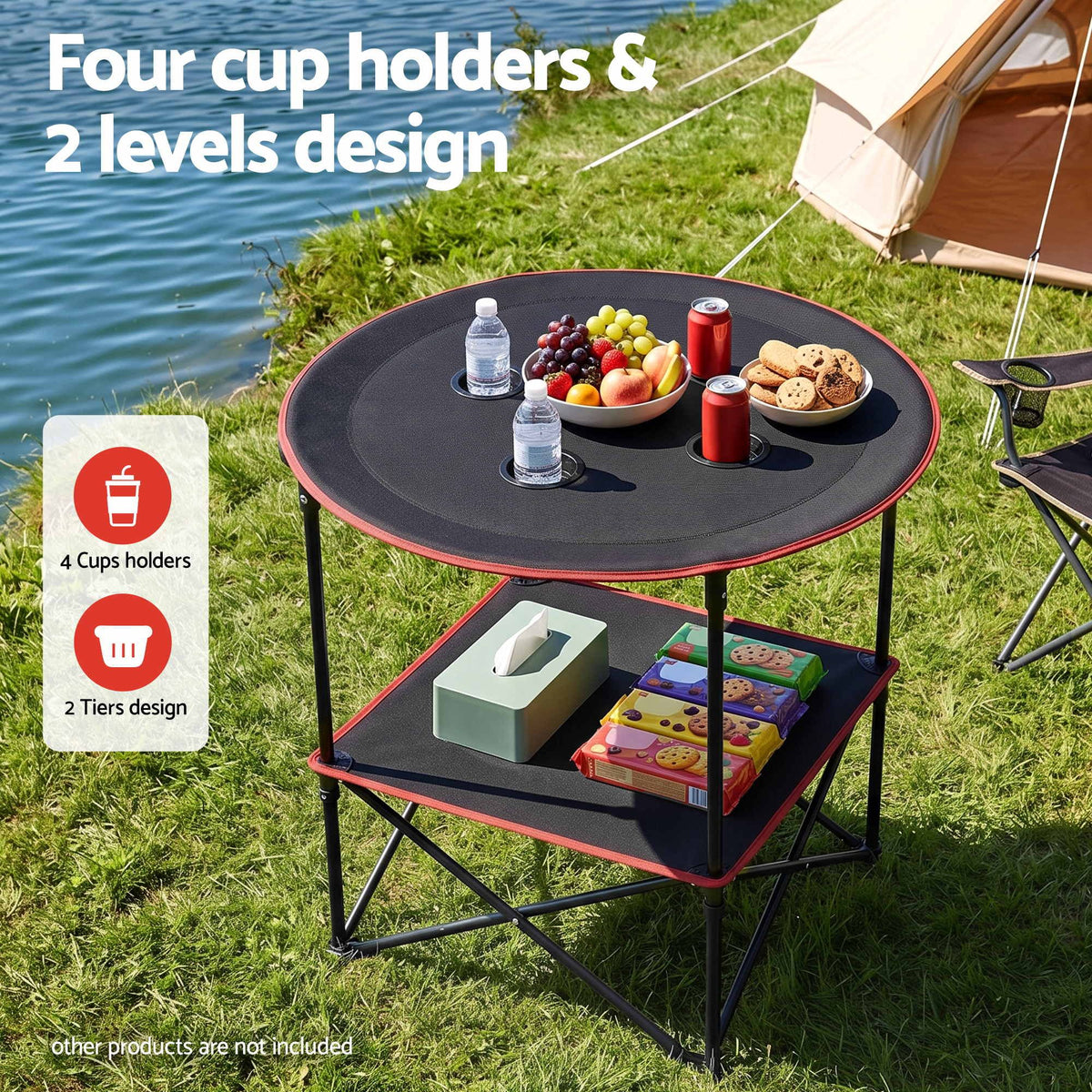 Folding Camping Table with 4 Cup Holders Metal Oxford 73CM - Black - Outdoor Recreation > Camping > Camp Furniture - Rivercity House & Home Co. (ABN 18 642 972 209) - Affordable Modern Furniture Australia
