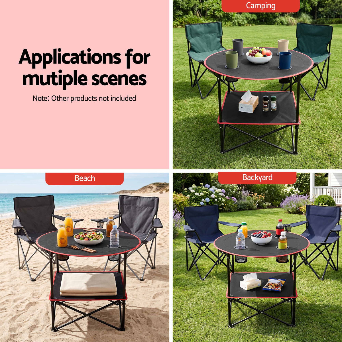 Folding Camping Table with 4 Cup Holders Metal Oxford 73CM - Black - Outdoor Recreation > Camping > Camp Furniture - Rivercity House & Home Co. (ABN 18 642 972 209) - Affordable Modern Furniture Australia
