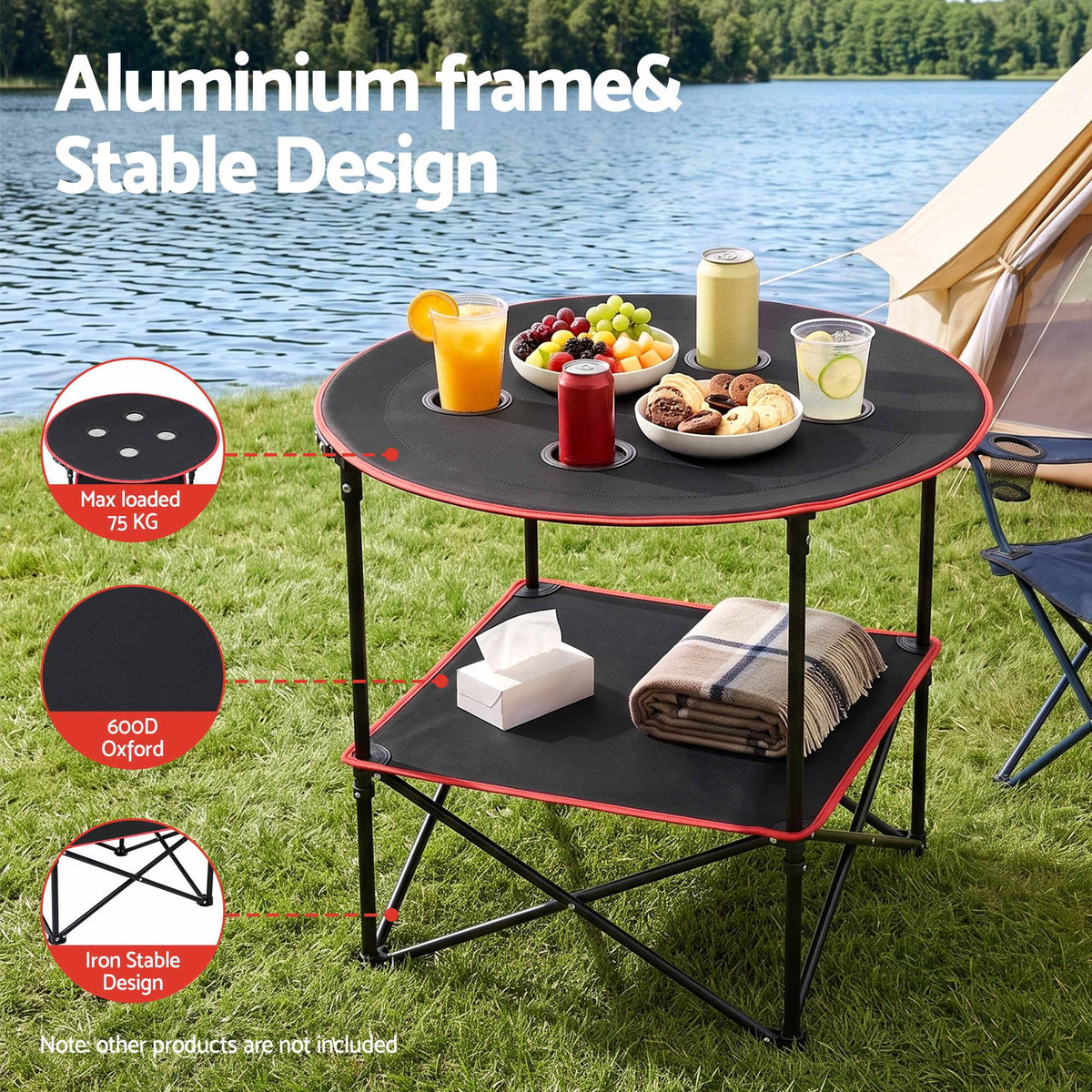Folding Camping Table with 4 Cup Holders Metal Oxford 73CM - Black - Outdoor Recreation > Camping > Camp Furniture - Rivercity House & Home Co. (ABN 18 642 972 209) - Affordable Modern Furniture Australia