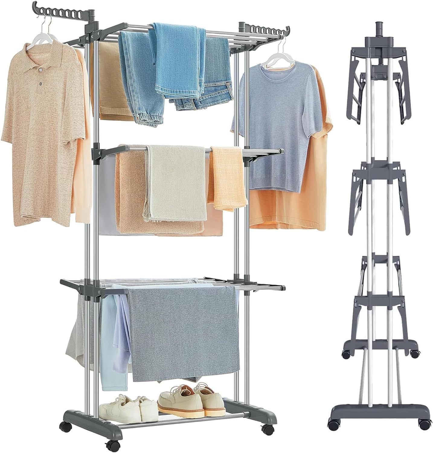 Folding Clothes Drying Rack with Wheels and Adjustable Side Wings for Laundry Rack and Clothes Storage (Upgraded Model) - Home & Garden > Storage > Clothing & Wardrobe Storage - Rivercity House & Home Co. (ABN 18 642 972 209) - Affordable Modern Furniture Australia