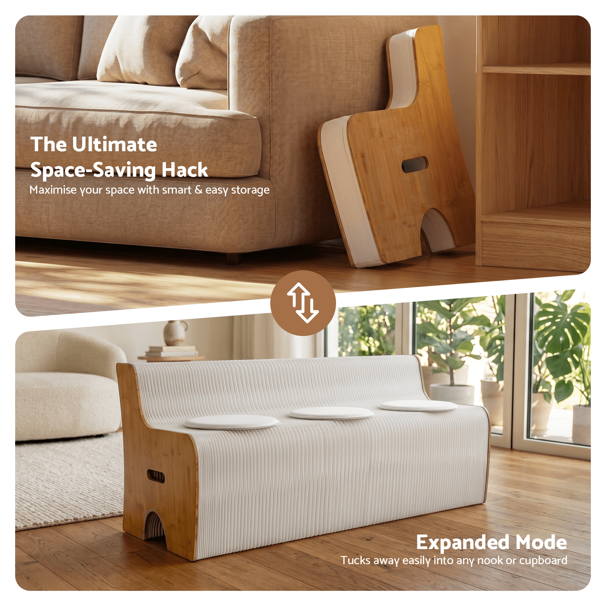 Folding Kraft Paper Sofa 3 Seater Accordion Bench with PU Leather Cushion Collapsible Couch 300kg Capacity 150x59x63cm - Furniture > Sofas > Sofas & Sofa Beds - Rivercity House & Home Co. (ABN 18 642 972 209) - Affordable Modern Furniture Australia