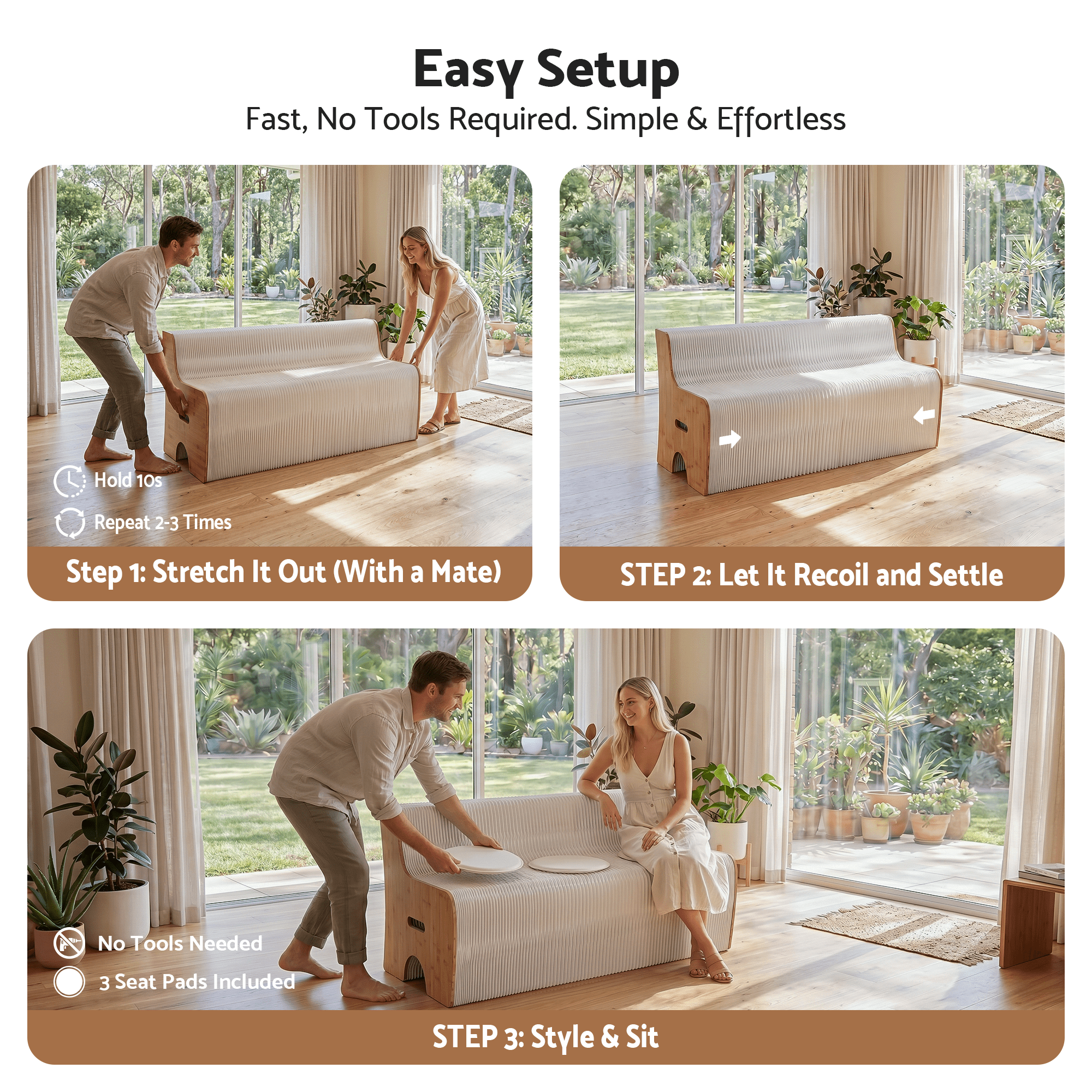 Folding Kraft Paper Sofa 3 Seater Accordion Bench with PU Leather Cushion Collapsible Couch 300kg Capacity 150x59x63cm - Furniture > Sofas > Sofas & Sofa Beds - Rivercity House & Home Co. (ABN 18 642 972 209) - Affordable Modern Furniture Australia