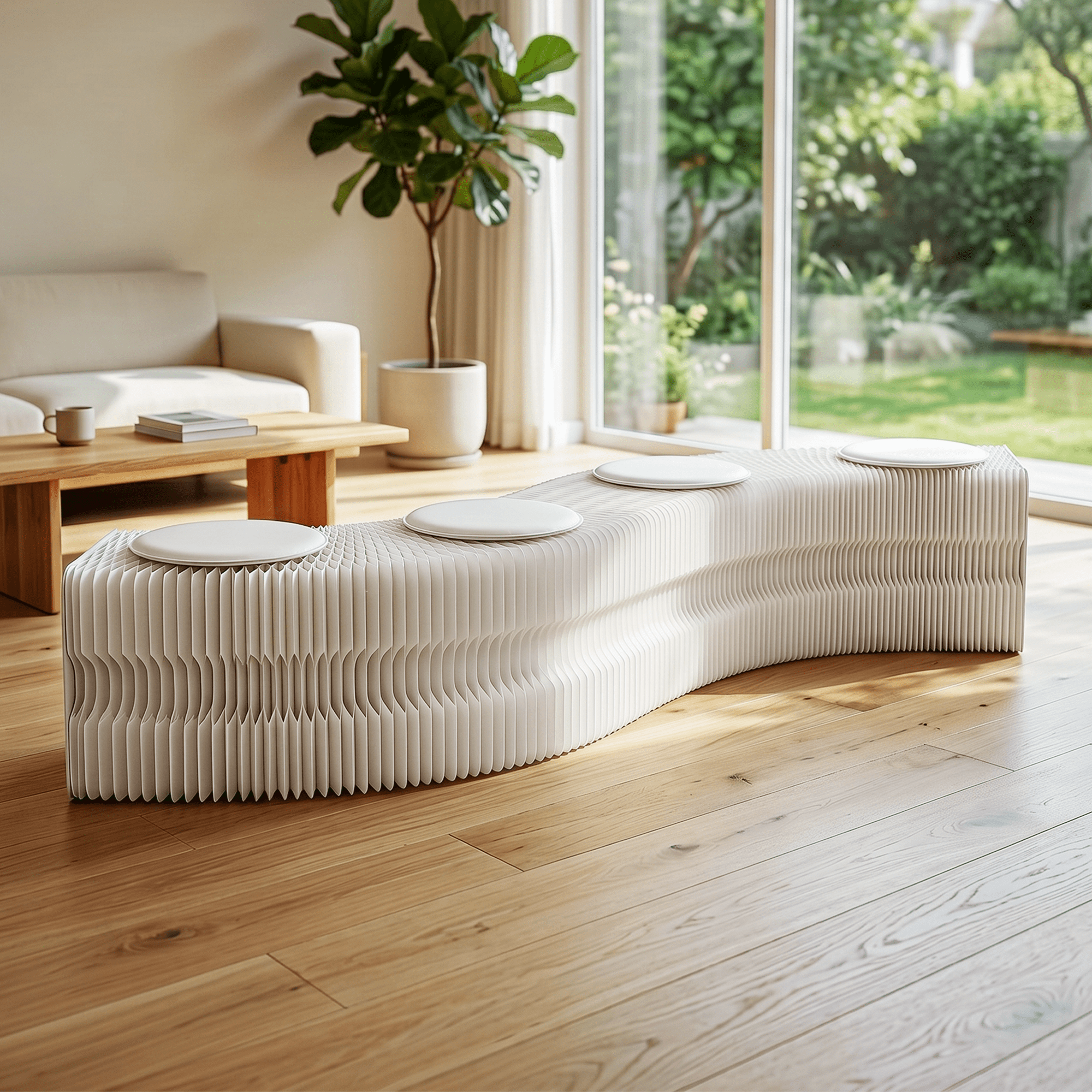 Folding Paper Bench With 4 PU Leather Seat Pads Expandable Accordion Stool For 4 Seats - Furniture > Living Room > Ottomans & Footstools - Rivercity House & Home Co. (ABN 18 642 972 209) - Affordable Modern Furniture Australia