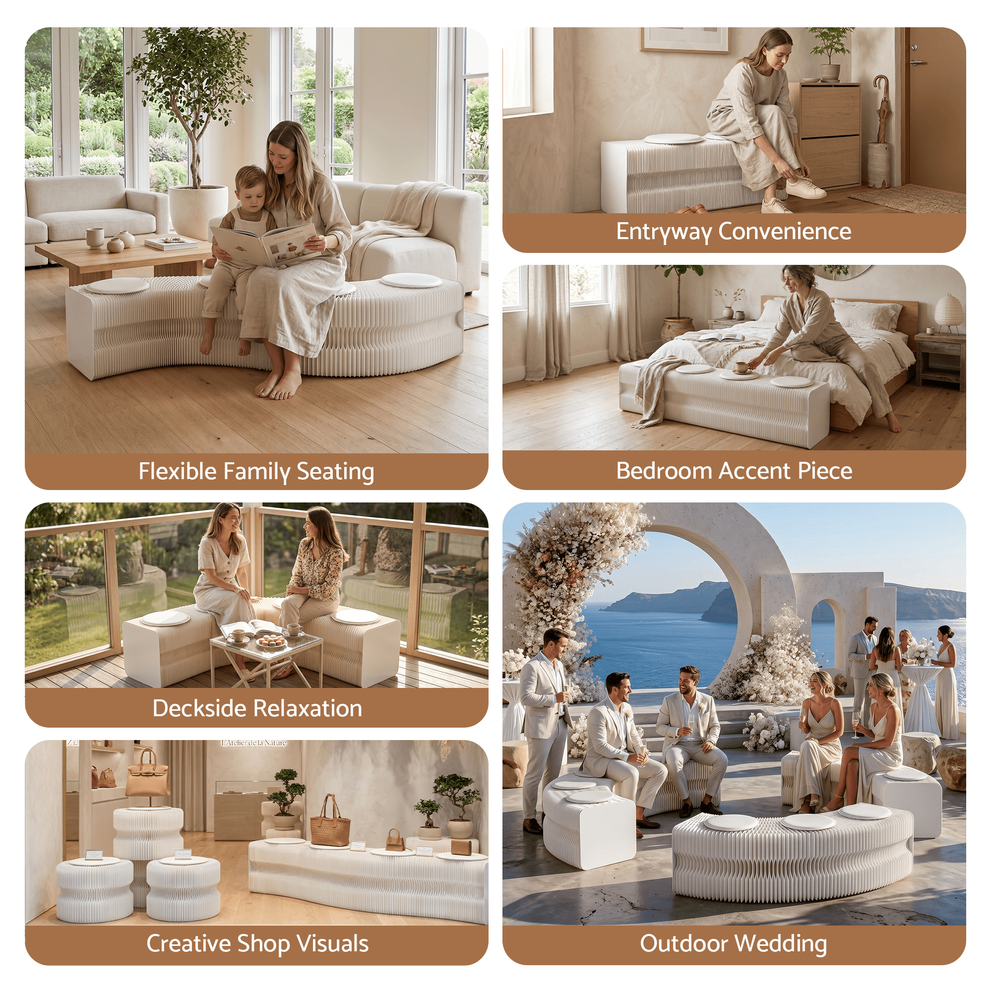 Folding Paper Bench With 4 PU Leather Seat Pads Expandable Accordion Stool For 4 Seats - Furniture > Living Room > Ottomans & Footstools - Rivercity House & Home Co. (ABN 18 642 972 209) - Affordable Modern Furniture Australia
