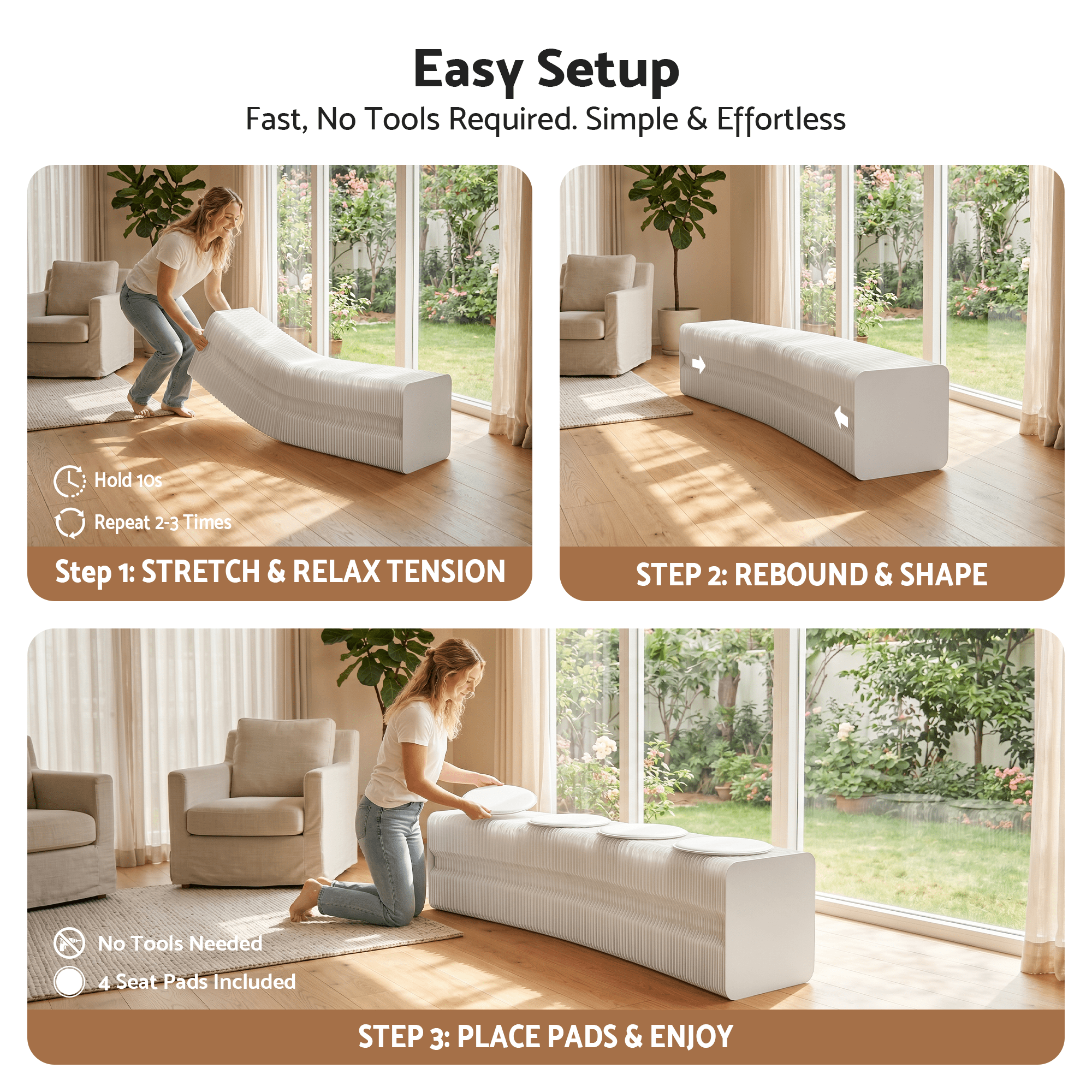 Folding Paper Bench With 4 PU Leather Seat Pads Expandable Accordion Stool For 4 Seats - Furniture > Living Room > Ottomans & Footstools - Rivercity House & Home Co. (ABN 18 642 972 209) - Affordable Modern Furniture Australia