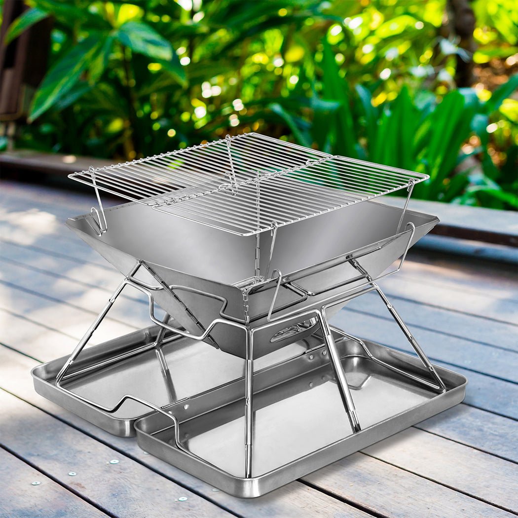 Folding Portable 2 - IN - 1 Charcoal BBQ Grill and Fire Pit - Silver - Rivercity House & Home Co. (ABN 18 642 972 209) - Affordable Modern Furniture Australia