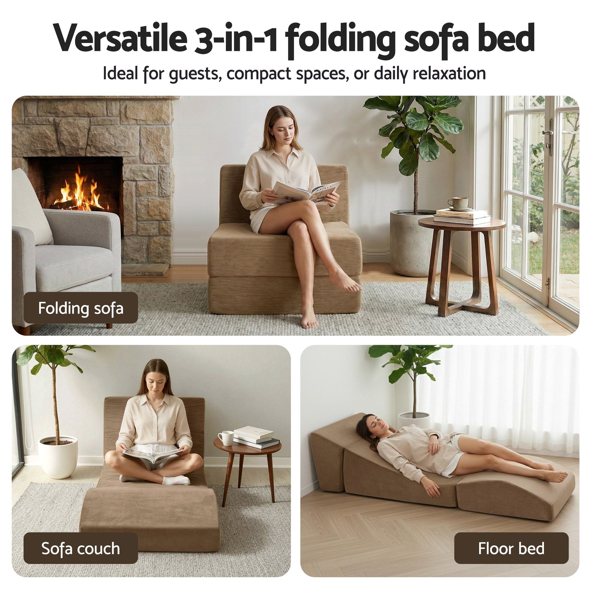 Folding Sofa Bed Convertible Armless Foam Floor Futon Lounger Couch Brown - Furniture > Sofas > Sofas & Sofa Beds - Rivercity House & Home Co. (ABN 18 642 972 209) - Affordable Modern Furniture Australia